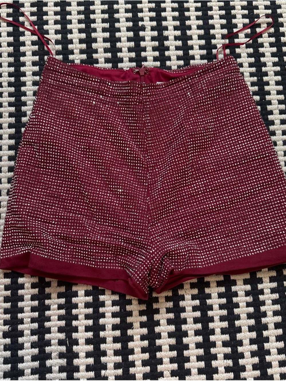 High-Waist Burgundy Rhinestone Embellished Women’s Shorts
